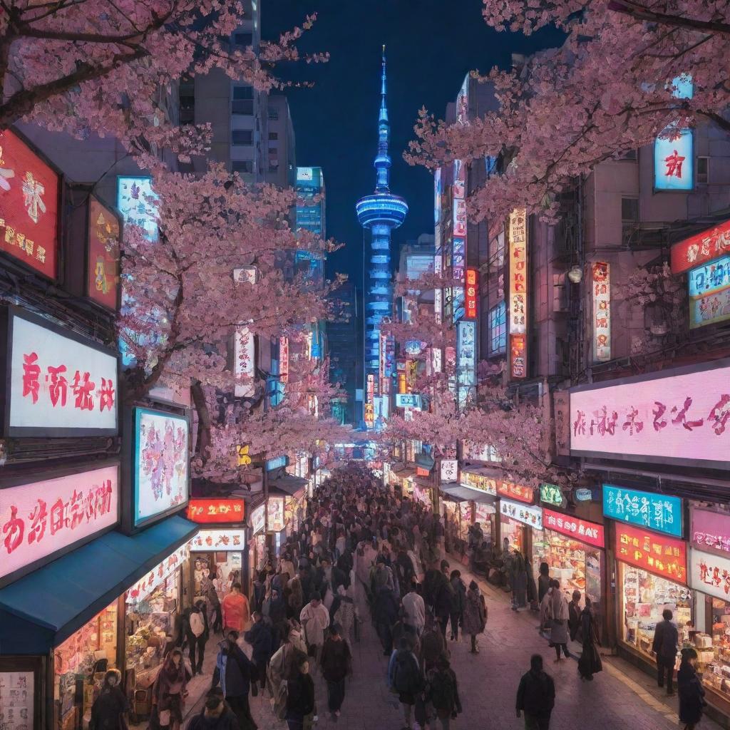 A vibrant, lively scene of a bustling city in the style of Japanese anime, filled with neon signs, tall buildings, and cherry blossom trees.