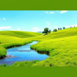 Create an image of a beautiful and serene landscape with lush green meadows, a clear blue sky, and a gentle river flowing through the scene