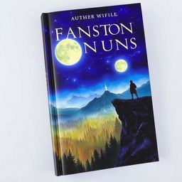 A captivating fantasy book cover featuring a mystical landscape with three glowing moons in the night sky