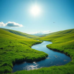 A beautiful and serene landscape featuring a clear blue sky, lush green meadows, and a calm river flowing through the scene