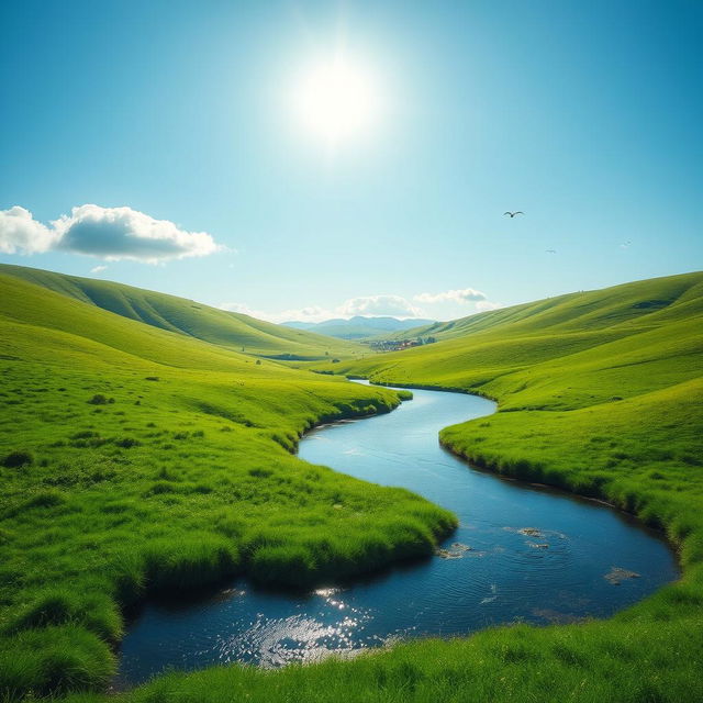 A beautiful and serene landscape featuring a clear blue sky, lush green meadows, and a calm river flowing through the scene