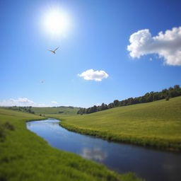 A beautiful and serene landscape featuring a clear blue sky, lush green meadows, and a calm river flowing through the scene