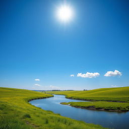 A beautiful and serene landscape featuring a clear blue sky, lush green meadows, and a calm river flowing through the scene