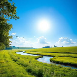 A beautiful and serene landscape featuring a clear blue sky, lush green meadows, and a calm river flowing through the scene