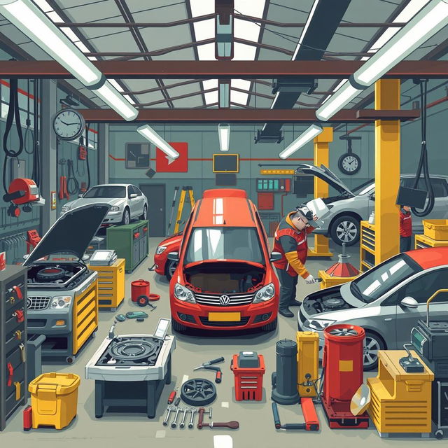 Create an image of a car workshop, also known as 'bengkel mobil' in Indonesian