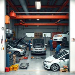 Create an image of a car workshop, also known as 'bengkel mobil' in Indonesian