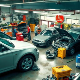 Create an image of a car workshop, also known as 'bengkel mobil' in Indonesian