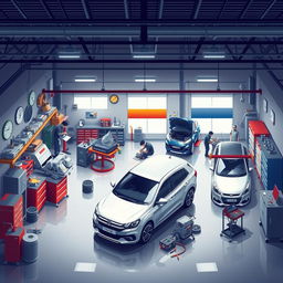 Design an image of a car workshop, known as 'bengkel mobil' in Indonesian