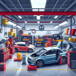 Design an image of a car workshop, known as 'bengkel mobil' in Indonesian