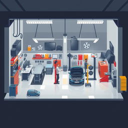 Design an image of a car workshop, known as 'bengkel mobil' in Indonesian