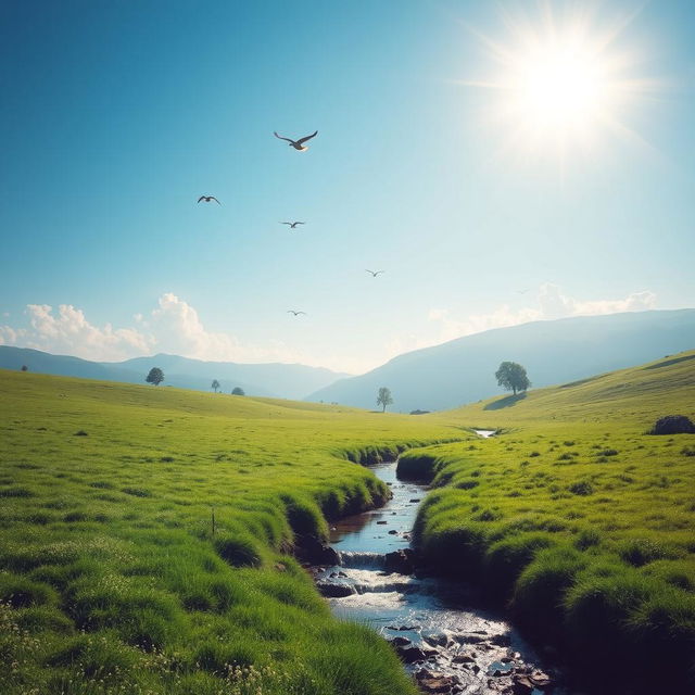 A beautiful and serene landscape featuring a clear blue sky, lush green meadows, and a gentle stream flowing through the scene