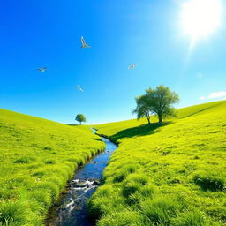 A beautiful and serene landscape featuring a clear blue sky, lush green meadows, and a gentle stream flowing through the scene