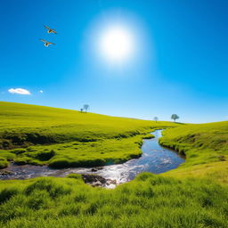 A beautiful and serene landscape featuring a clear blue sky, lush green meadows, and a gentle stream flowing through the scene