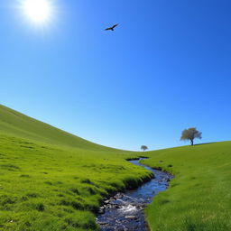 A beautiful and serene landscape featuring a clear blue sky, lush green meadows, and a gentle stream flowing through the scene