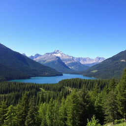 A beautiful landscape featuring a serene lake surrounded by lush green forests, with a majestic mountain range in the background under a clear blue sky