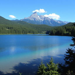 A beautiful landscape featuring a serene lake surrounded by lush green forests, with a majestic mountain range in the background under a clear blue sky