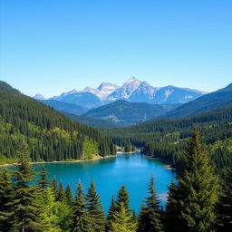 A beautiful landscape featuring a serene lake surrounded by lush green forests, with a majestic mountain range in the background under a clear blue sky