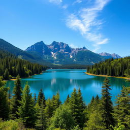 A beautiful landscape featuring a serene lake surrounded by lush green forests, with a majestic mountain range in the background under a clear blue sky