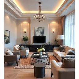 A beautifully decorated room with modern furniture, elegant lighting, and tasteful decor