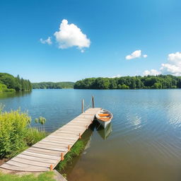 A serene landscape featuring a tranquil lake surrounded by lush greenery, with a clear blue sky and a few fluffy white clouds