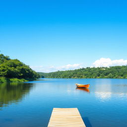 A serene landscape featuring a tranquil lake surrounded by lush greenery, with a clear blue sky and a few fluffy white clouds