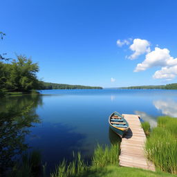 A serene landscape featuring a tranquil lake surrounded by lush greenery, with a clear blue sky and a few fluffy white clouds