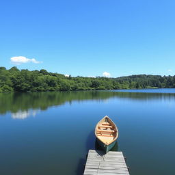 A serene landscape featuring a tranquil lake surrounded by lush greenery, with a clear blue sky and a few fluffy white clouds