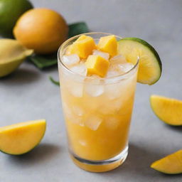 A glass cup filled with ice cubes, small diced mango pieces, all in a refreshing mango lemonade.