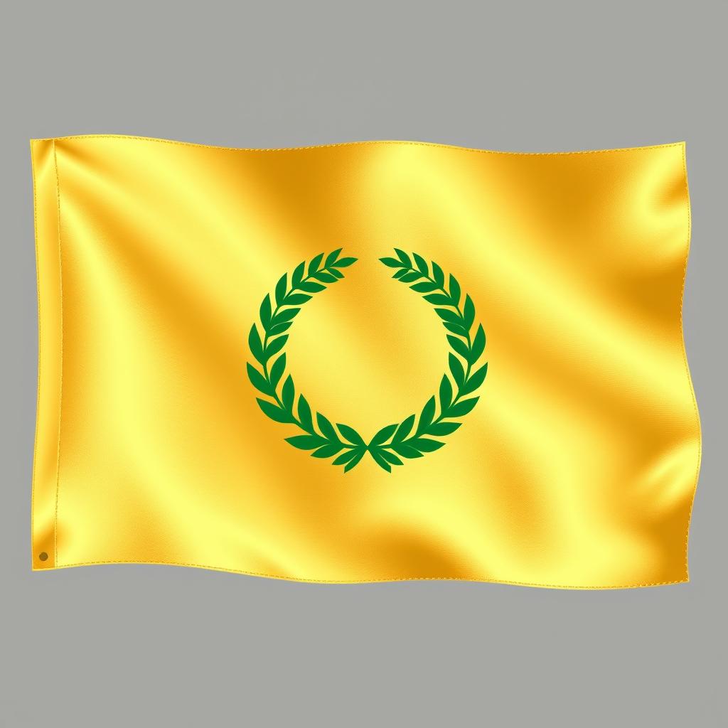 Create an illustration of a silk flag with a golden background featuring a green laurel wreath in the center