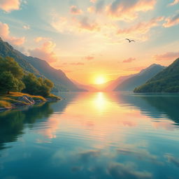 Create a vibrant and imaginative image featuring a serene landscape with a beautiful sunset over a calm lake, surrounded by lush greenery and distant mountains