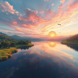 Create a vibrant and imaginative image featuring a serene landscape with a beautiful sunset over a calm lake, surrounded by lush greenery and distant mountains