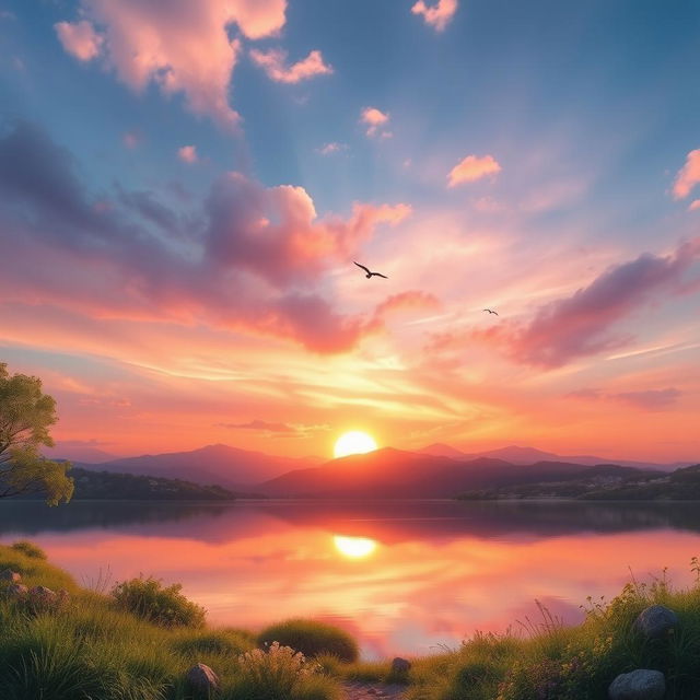 Create a vibrant and imaginative image featuring a serene landscape with a beautiful sunset over a calm lake, surrounded by lush greenery and distant mountains