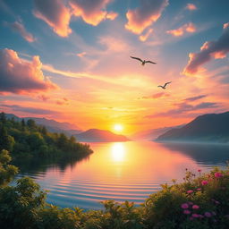 Create a vibrant and imaginative image featuring a serene landscape with a beautiful sunset over a calm lake, surrounded by lush greenery and distant mountains