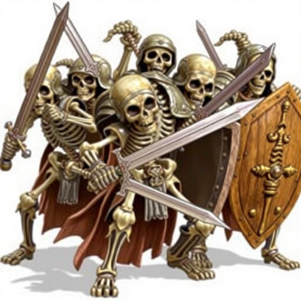 A group of skeletons ready to attack, wielding swords and shields