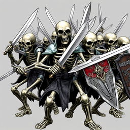 A group of skeletons ready to attack, wielding swords and shields