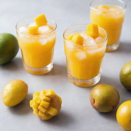 A glass cup filled with ice cubes, small diced mango pieces, all in a refreshing mango lemonade.