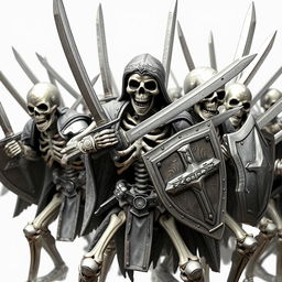 A group of skeletons ready to attack, wielding swords and shields