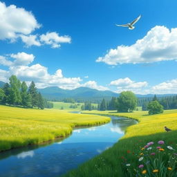 Create an image of a beautiful, serene landscape featuring a clear blue sky, a lush green meadow, and a calm river flowing through the scene