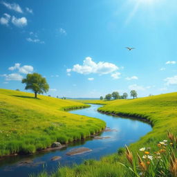 Create an image of a beautiful, serene landscape featuring a clear blue sky, a lush green meadow, and a calm river flowing through the scene