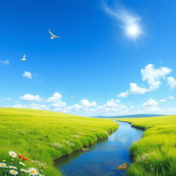 Create an image of a beautiful, serene landscape featuring a clear blue sky, a lush green meadow, and a calm river flowing through the scene