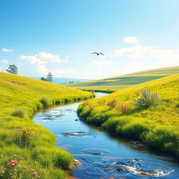 Create an image of a beautiful, serene landscape featuring a clear blue sky, a lush green meadow, and a calm river flowing through the scene