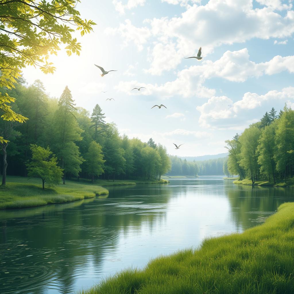 A serene landscape featuring a peaceful river flowing through a lush forest, with birds flying in the sky and sunlight filtering through the trees