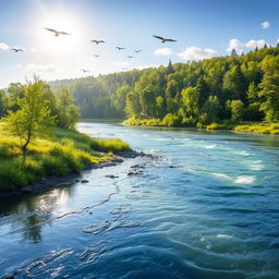 A serene landscape featuring a peaceful river flowing through a lush forest, with birds flying in the sky and sunlight filtering through the trees