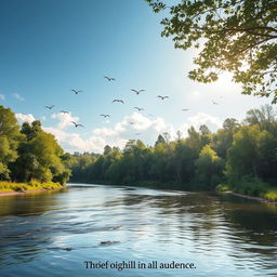 A serene landscape featuring a peaceful river flowing through a lush forest, with birds flying in the sky and sunlight filtering through the trees