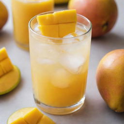 A glass cup filled with ice cubes, small diced mango pieces, all in a refreshing mango lemonade.