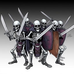 A group of skeletons ready to attack, armed with swords and shields