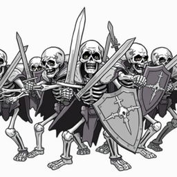 A group of skeletons ready to attack, armed with swords and shields