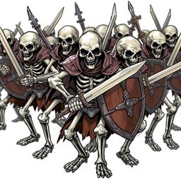 A group of skeletons ready to attack, armed with swords and shields