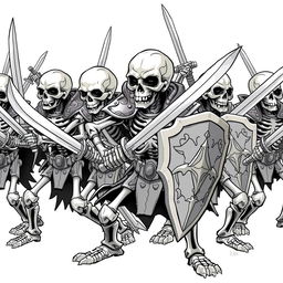 A group of skeletons ready to attack, armed with swords and shields