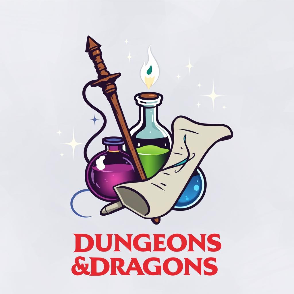 Create a logo featuring a wand, potion, and scroll to represent magic-using classes in Dungeons & Dragons